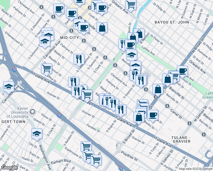 map of restaurants, bars, coffee shops, grocery stores, and more near 318 South Rendon Street in New Orleans