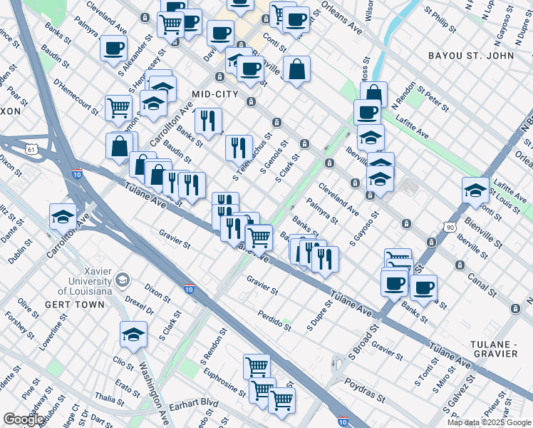 map of restaurants, bars, coffee shops, grocery stores, and more near 439 South Norman C Francis Parkway in New Orleans