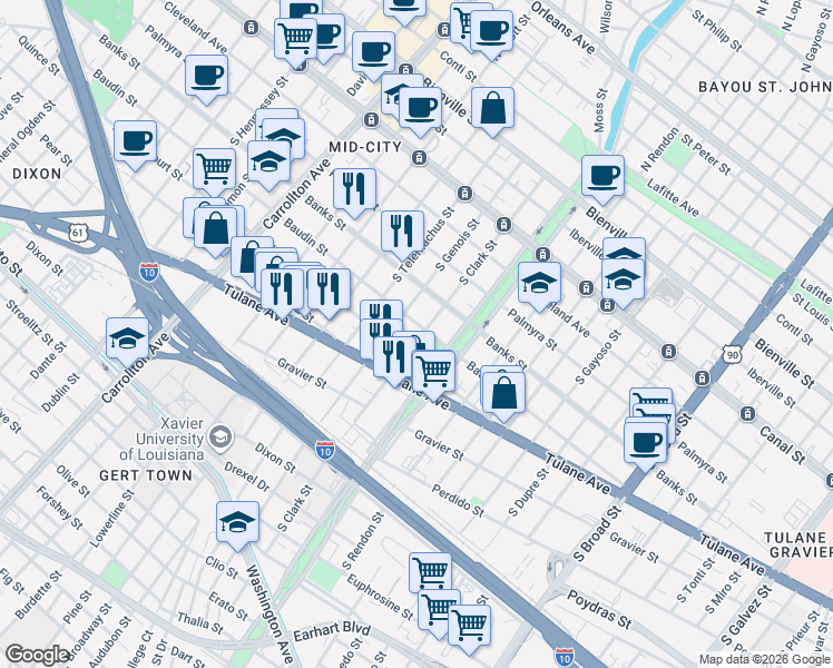map of restaurants, bars, coffee shops, grocery stores, and more near 527 South Clark Street in New Orleans