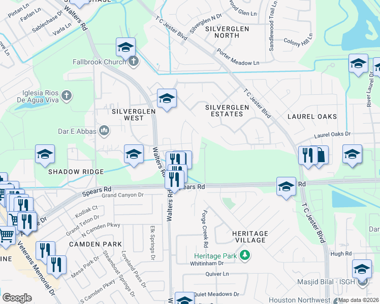 map of restaurants, bars, coffee shops, grocery stores, and more near 12215 Forstall Drive in Houston