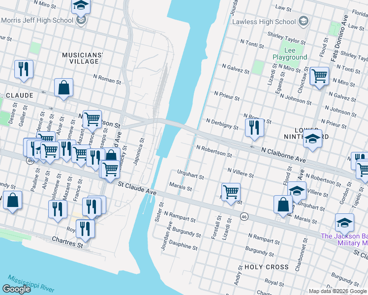 map of restaurants, bars, coffee shops, grocery stores, and more near 46595 Jourdan Avenue in New Orleans