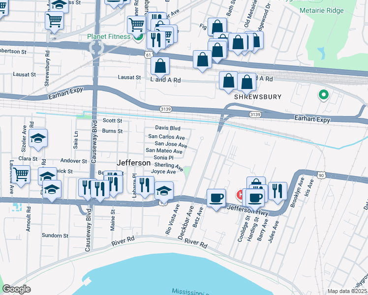 map of restaurants, bars, coffee shops, grocery stores, and more near 17 Santa Ana Avenue in Jefferson