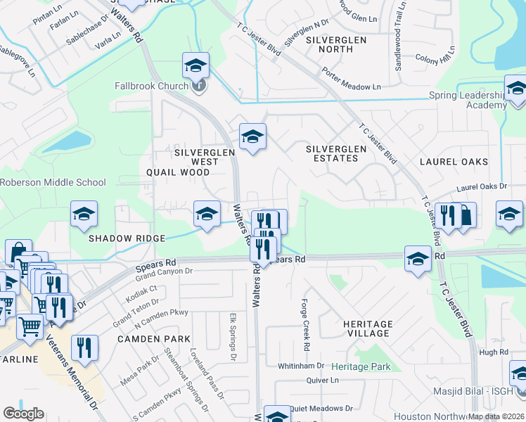 map of restaurants, bars, coffee shops, grocery stores, and more near 12215 Turchin Drive in Houston