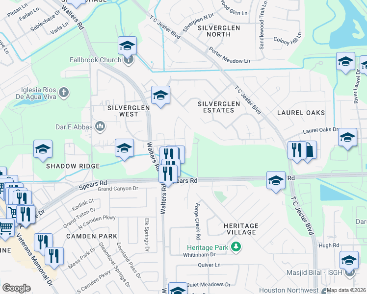 map of restaurants, bars, coffee shops, grocery stores, and more near 12215 Forstall Drive in Houston