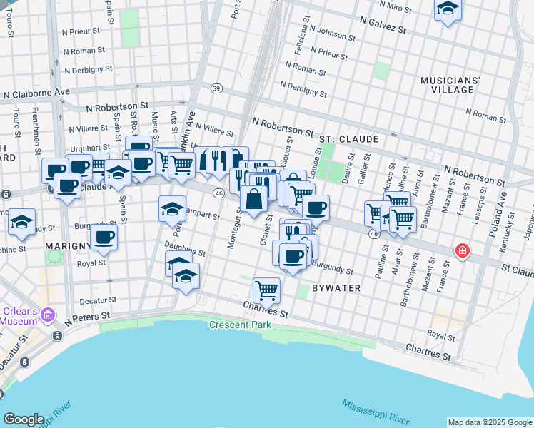 map of restaurants, bars, coffee shops, grocery stores, and more near 1036 Clouet Street in New Orleans
