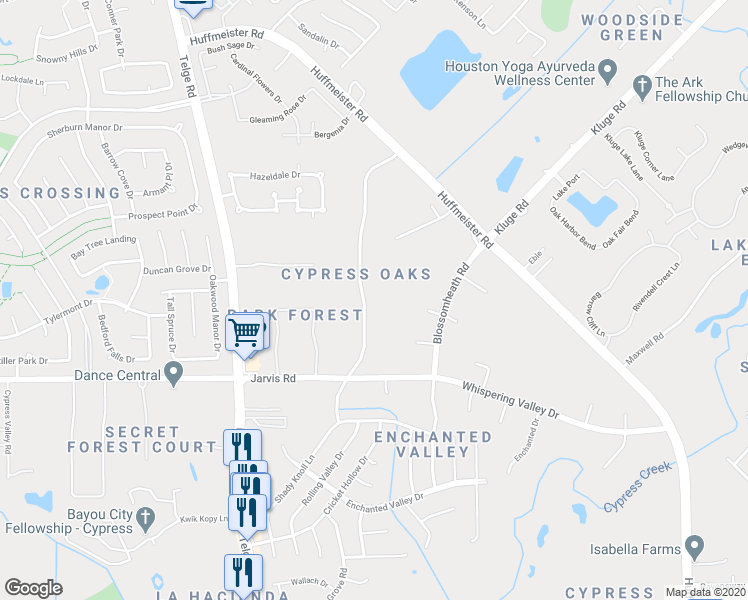 map of restaurants, bars, coffee shops, grocery stores, and more near 13734 Jarvis Road in Cypress