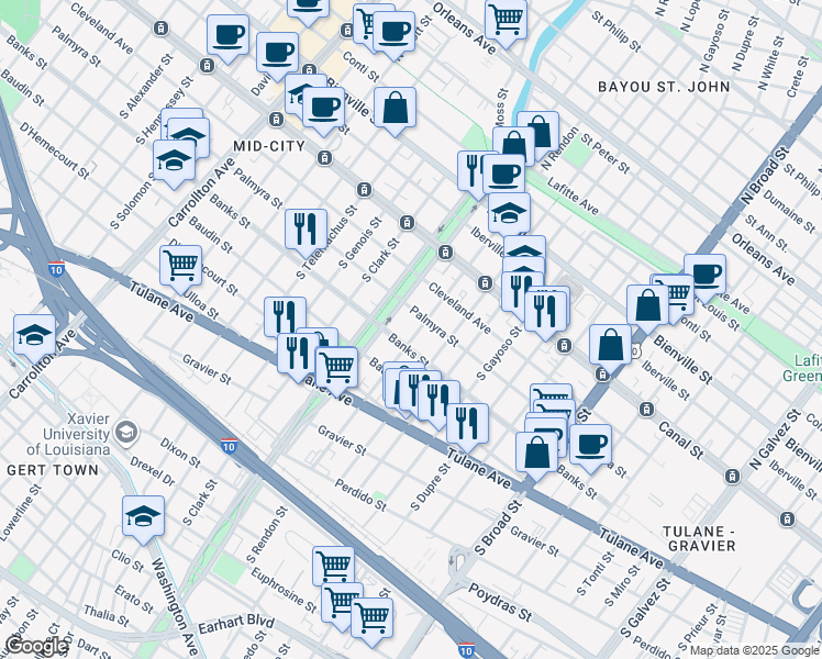 map of restaurants, bars, coffee shops, grocery stores, and more near 318 South Rendon Street in New Orleans