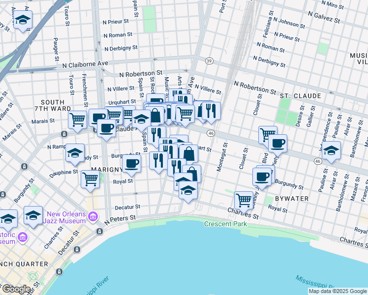 map of restaurants, bars, coffee shops, grocery stores, and more near in New Orleans