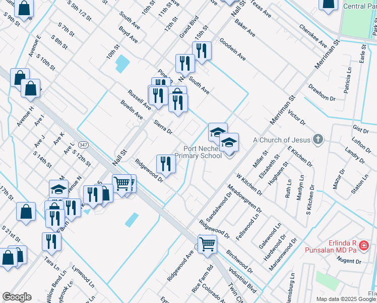 map of restaurants, bars, coffee shops, grocery stores, and more near 747 Sierra Drive in Port Neches