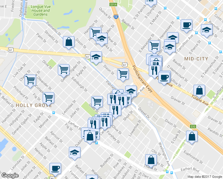 map of restaurants, bars, coffee shops, grocery stores, and more near 8339 Stroelitz Street in New Orleans