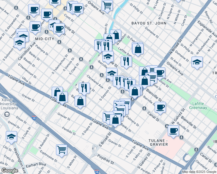 map of restaurants, bars, coffee shops, grocery stores, and more near 121 South Gayoso Street in New Orleans