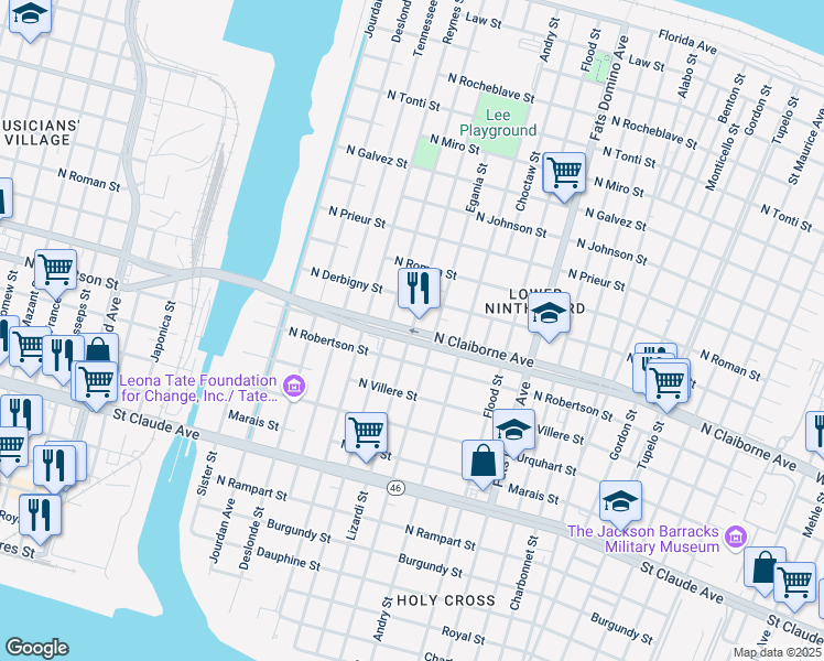 map of restaurants, bars, coffee shops, grocery stores, and more near N Claiborne Ave & Lizardi St in New Orleans