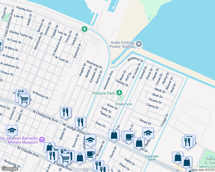map of restaurants, bars, coffee shops, grocery stores, and more near 1812 Alexander Avenue in Arabi