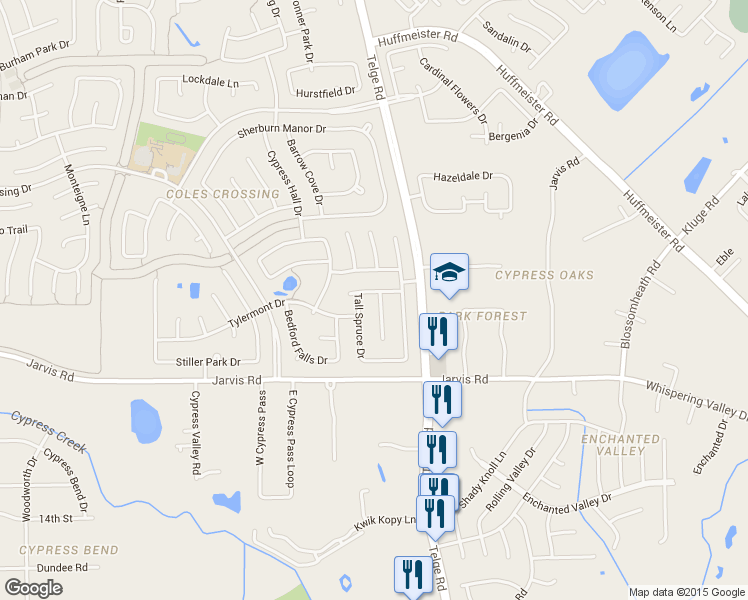 map of restaurants, bars, coffee shops, grocery stores, and more near 13014 Red Laurel Court in Cypress
