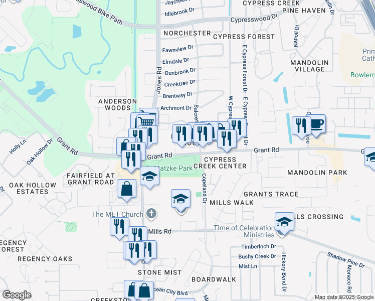 map of restaurants, bars, coffee shops, grocery stores, and more near 10776 Grant Road in Houston
