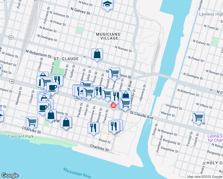 map of restaurants, bars, coffee shops, grocery stores, and more near 1239 France Street in New Orleans
