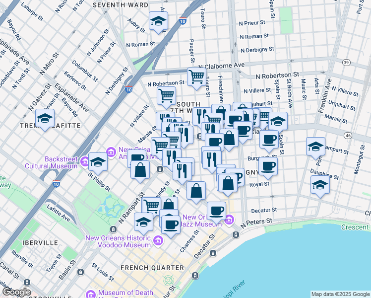 map of restaurants, bars, coffee shops, grocery stores, and more near 1032 Saint Anthony Street in New Orleans