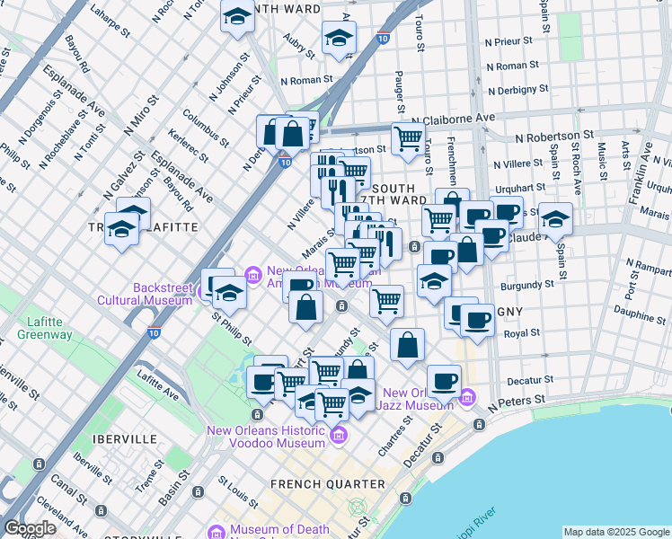 map of restaurants, bars, coffee shops, grocery stores, and more near 1201 Esplanade Avenue in New Orleans