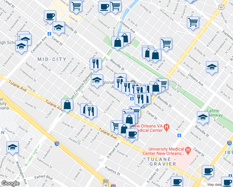 map of restaurants, bars, coffee shops, grocery stores, and more near 137 South Gayoso Street in New Orleans