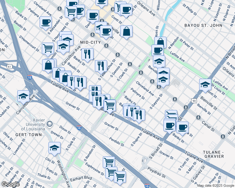 map of restaurants, bars, coffee shops, grocery stores, and more near 439 South Norman C Francis Parkway in New Orleans