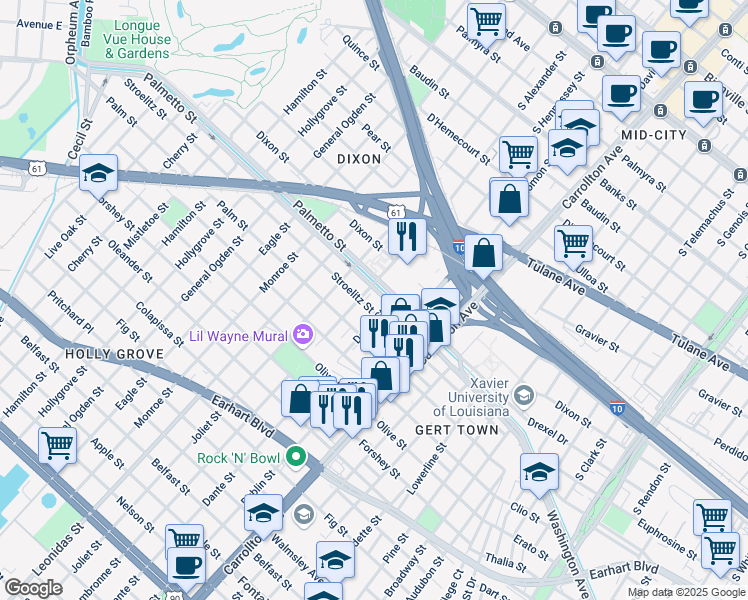 map of restaurants, bars, coffee shops, grocery stores, and more near 8339 Stroelitz Street in New Orleans
