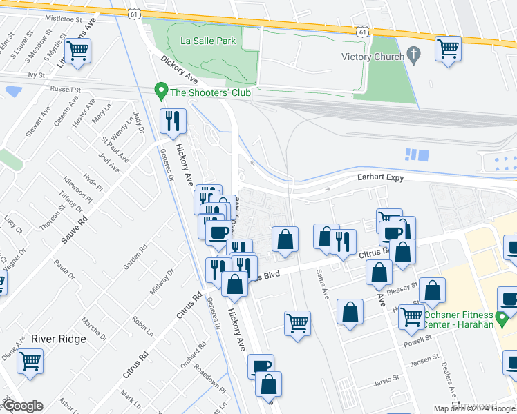 map of restaurants, bars, coffee shops, grocery stores, and more near 5757 Hickory Creek Road in River Ridge
