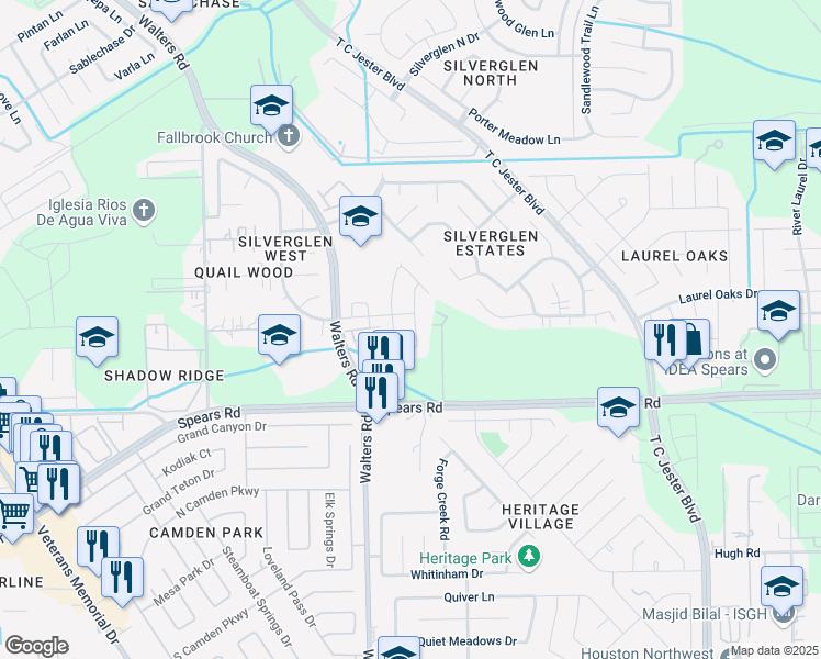 map of restaurants, bars, coffee shops, grocery stores, and more near 12215 Forstall Drive in Houston