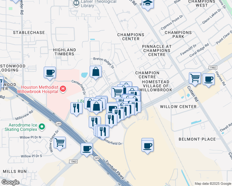 map of restaurants, bars, coffee shops, grocery stores, and more near 7575 Willow Chase Boulevard in Houston