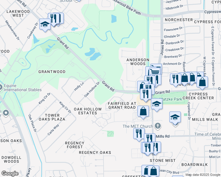 map of restaurants, bars, coffee shops, grocery stores, and more near 11203 Grant Rd in Cypress