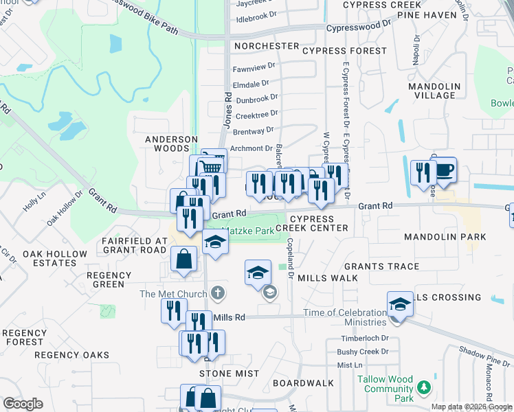 map of restaurants, bars, coffee shops, grocery stores, and more near 10776 Grant Road in Houston