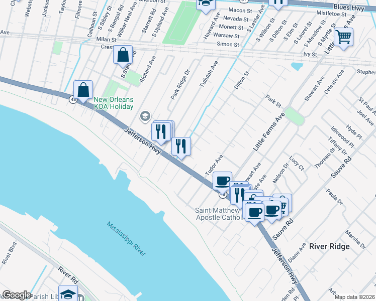 map of restaurants, bars, coffee shops, grocery stores, and more near 208 Dilton Street in River Ridge