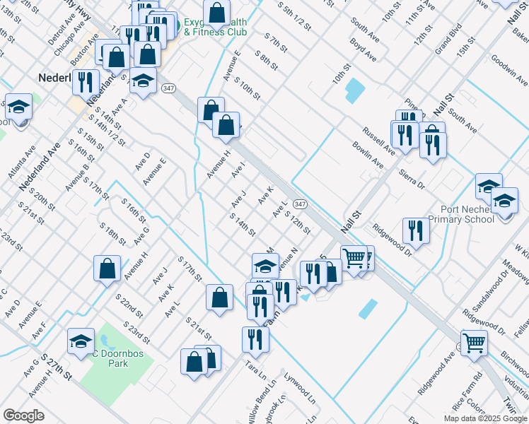 map of restaurants, bars, coffee shops, grocery stores, and more near 1305 South 13th Street in Nederland