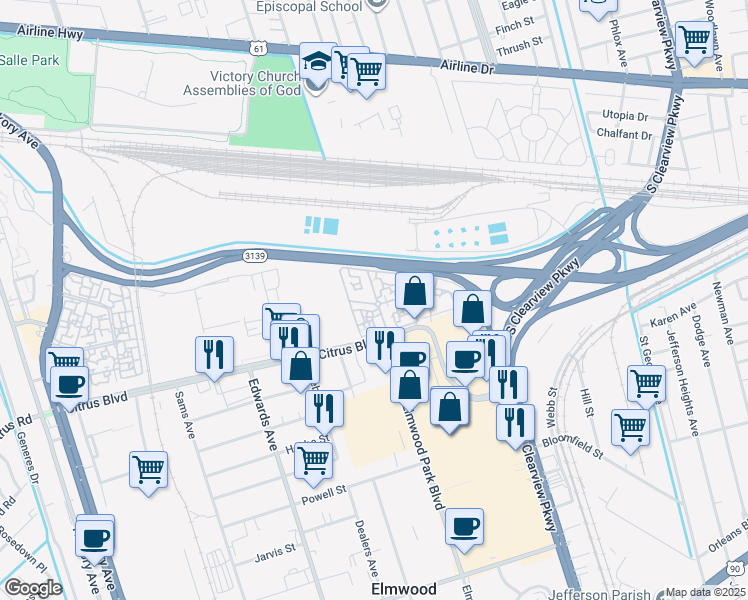 map of restaurants, bars, coffee shops, grocery stores, and more near 5323 Citrus Boulevard in New Orleans
