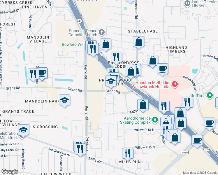 map of restaurants, bars, coffee shops, grocery stores, and more near 9518 Grant Road in Houston