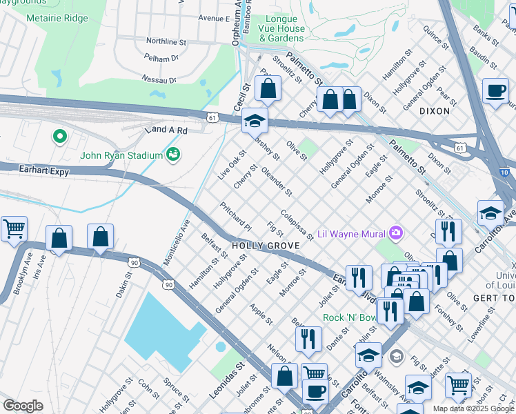 map of restaurants, bars, coffee shops, grocery stores, and more near 9106 Fig Street in New Orleans