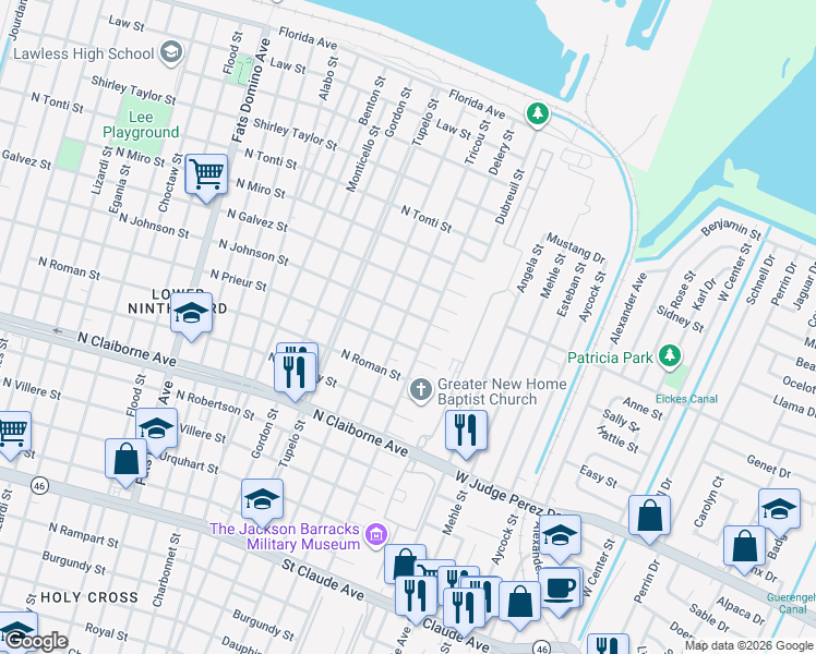 map of restaurants, bars, coffee shops, grocery stores, and more near 1910 Delery Street in New Orleans