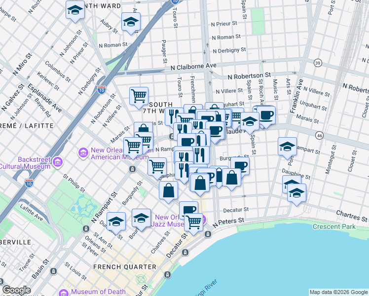 map of restaurants, bars, coffee shops, grocery stores, and more near N Rampart St & Touro St in New Orleans