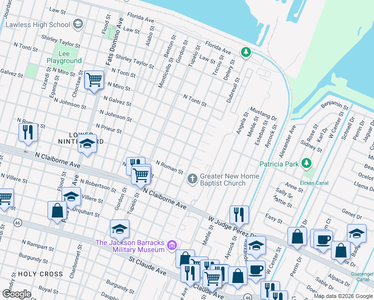 map of restaurants, bars, coffee shops, grocery stores, and more near 1910 Delery Street in New Orleans
