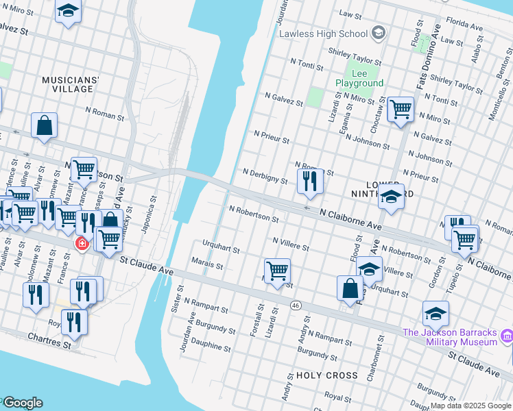 map of restaurants, bars, coffee shops, grocery stores, and more near 1429 Deslonde Street in New Orleans