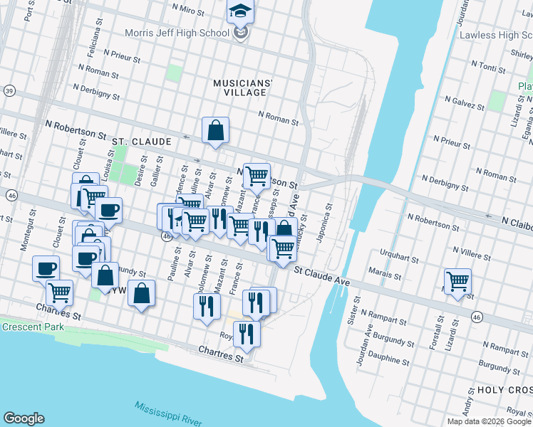 map of restaurants, bars, coffee shops, grocery stores, and more near 4313 Urquhart Street in New Orleans