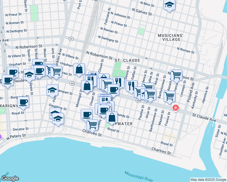 map of restaurants, bars, coffee shops, grocery stores, and more near in New Orleans