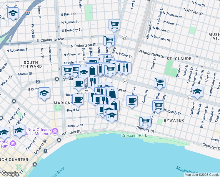 map of restaurants, bars, coffee shops, grocery stores, and more near in New Orleans