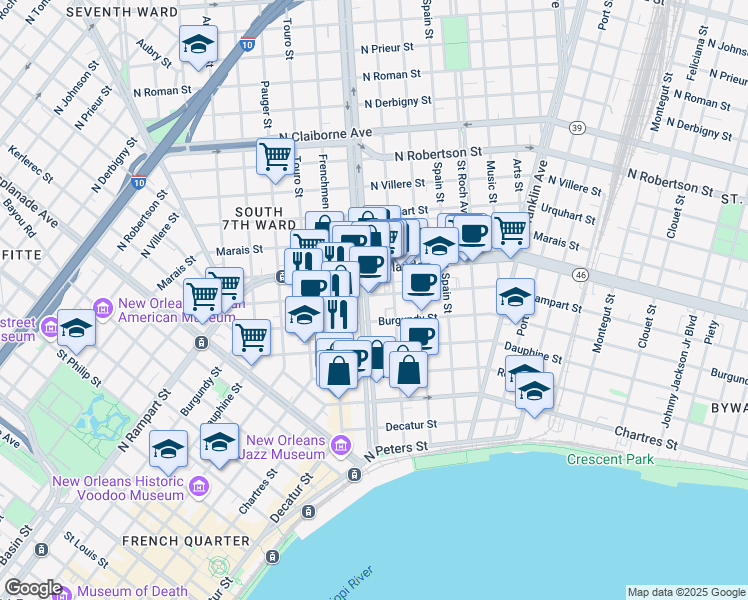 map of restaurants, bars, coffee shops, grocery stores, and more near 922 Elysian Fields Avenue in New Orleans