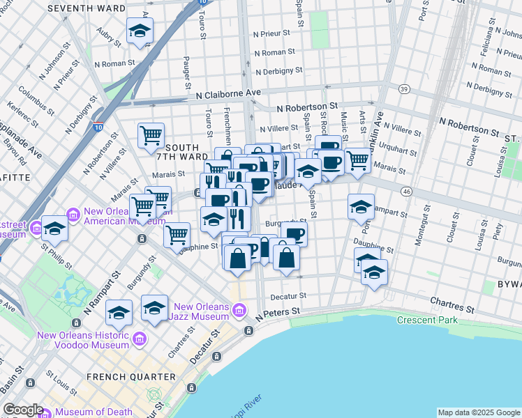 map of restaurants, bars, coffee shops, grocery stores, and more near 922 Elysian Fields Avenue in New Orleans