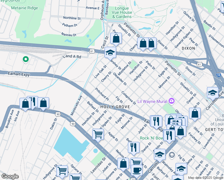 map of restaurants, bars, coffee shops, grocery stores, and more near 9106 Fig Street in New Orleans