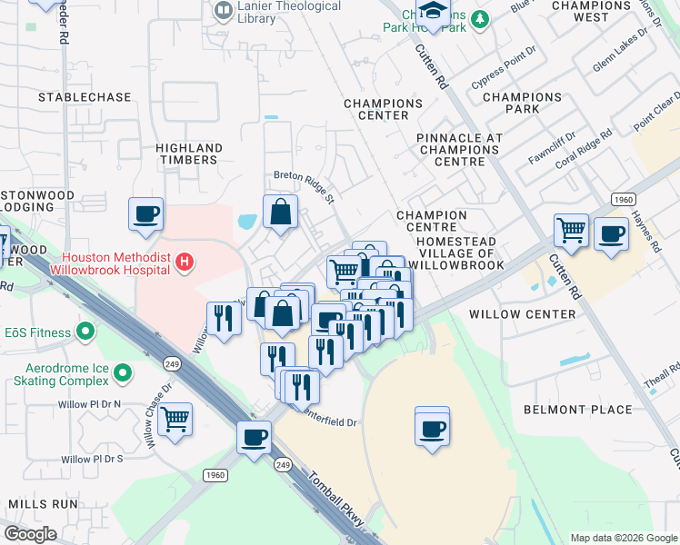 map of restaurants, bars, coffee shops, grocery stores, and more near 7575 Willow Chase Boulevard in Houston