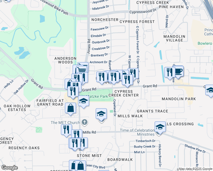 map of restaurants, bars, coffee shops, grocery stores, and more near 10776 Grant Road in Houston