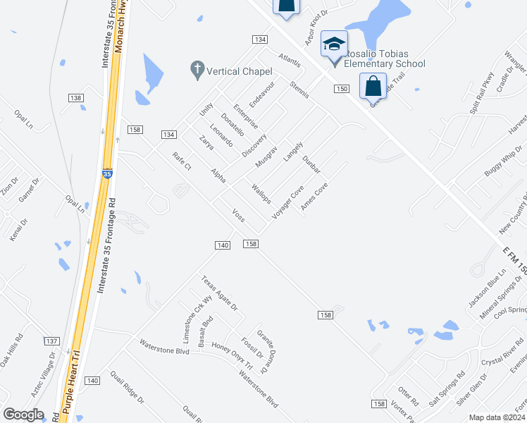 map of restaurants, bars, coffee shops, grocery stores, and more near 124 Alpha in Kyle