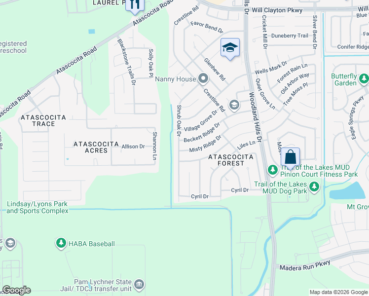 map of restaurants, bars, coffee shops, grocery stores, and more near 3607 Misty Ridge Drive in Humble