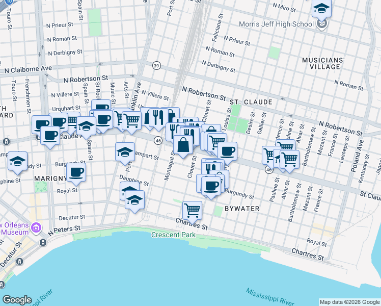 map of restaurants, bars, coffee shops, grocery stores, and more near 3054 St Claude Ave in New Orleans